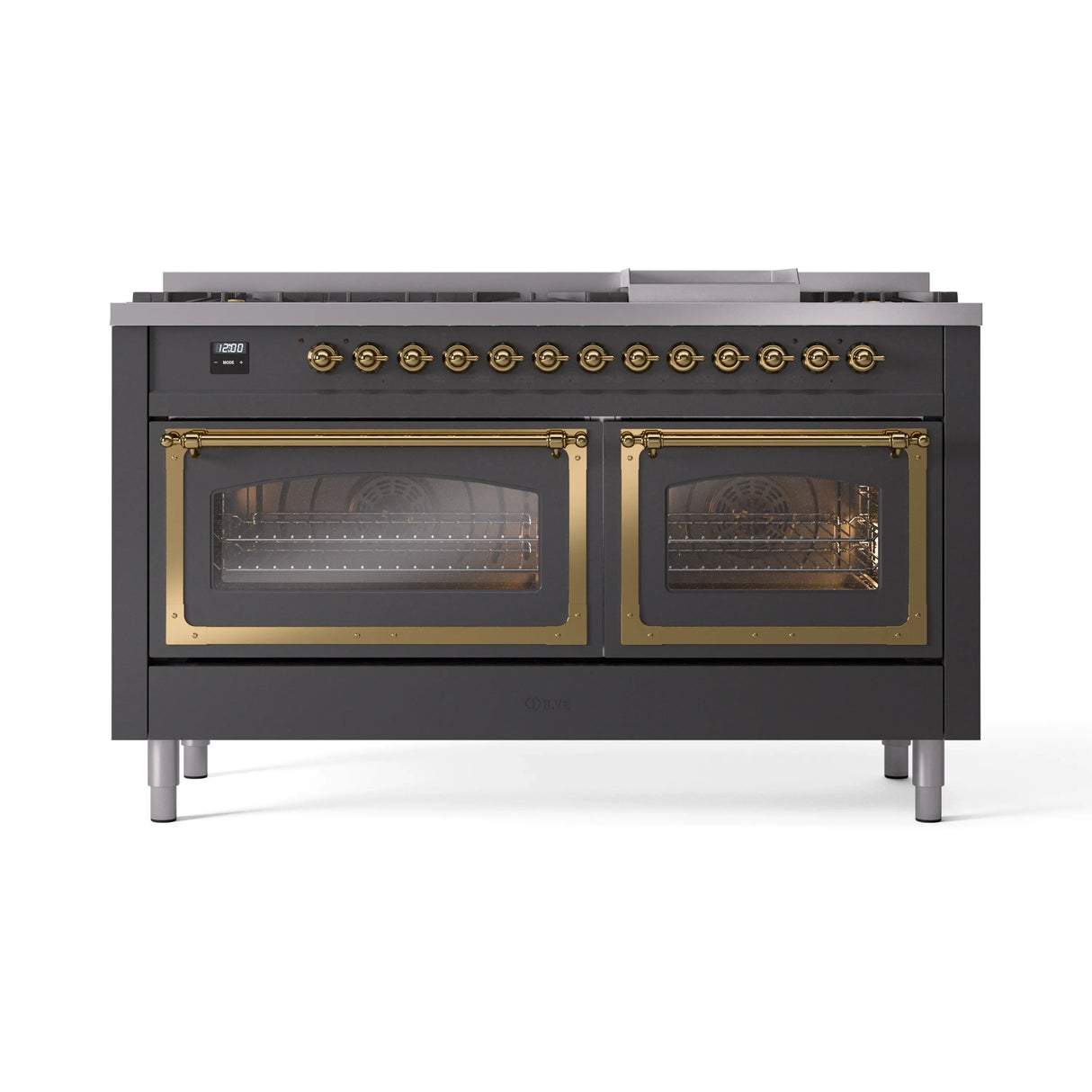 ILVE 60-Inch Nostalgie II Noblesse Propane Gas Dual Fuel Range with 9 Sealed Burners, Griddle, Triple Glass Door Oven in Matte Graphite with Brass Trim (UN60FNMPMGGLP)