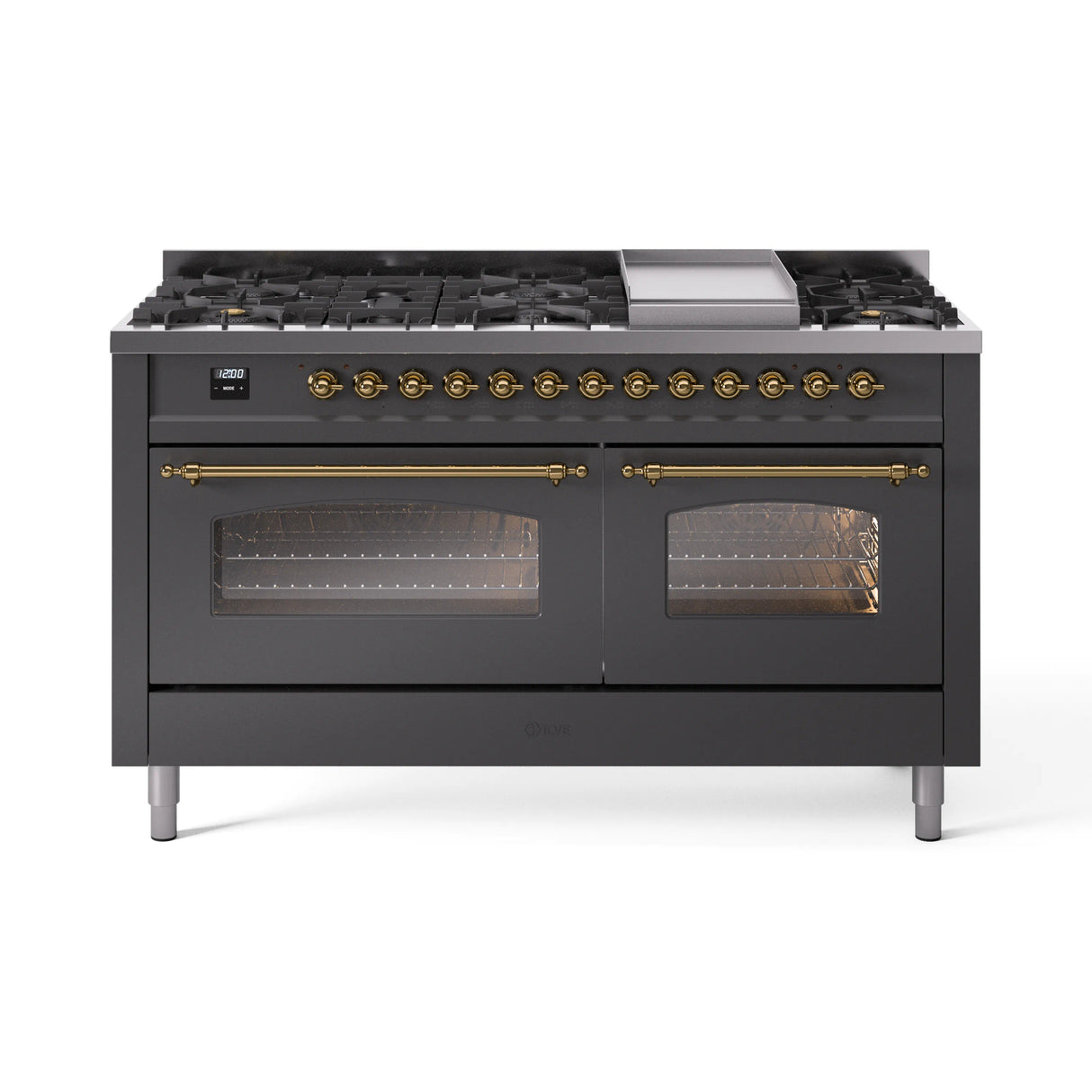 ILVE 60-Inch Nostalgie II Propane Gas Dual Fuel Range with 9 Burners, Griddle and Triple Glass Door Oven in Matte Graphite with Brass Trim (UP60FNMPMGGLP)