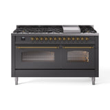 ILVE 60-Inch Nostalgie II Propane Gas Dual Fuel Range with 9 Burners, Griddle and Triple Glass Door Oven in Matte Graphite with Brass Trim (UP60FNMPMGGLP)