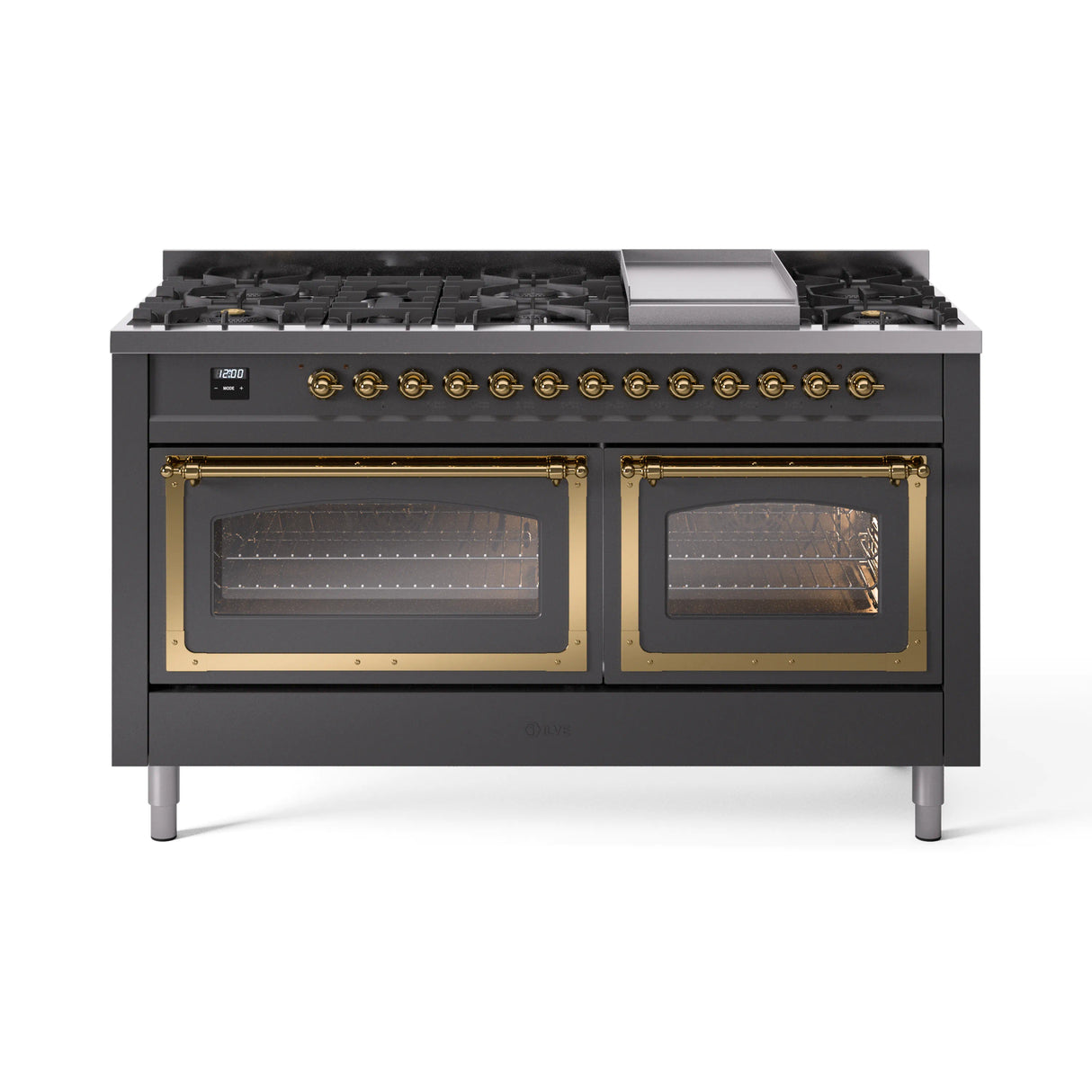 ILVE 60-Inch Nostalgie II Noblesse Propane Gas Dual Fuel Range with 9 Sealed Burners, Griddle, Triple Glass Door Oven in Matte Graphite with Brass Trim (UN60FNMPMGGLP)