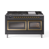 ILVE 60-Inch Nostalgie II Noblesse Propane Gas Dual Fuel Range with 9 Sealed Burners, Griddle, Triple Glass Door Oven in Matte Graphite with Brass Trim (UN60FNMPMGGLP)