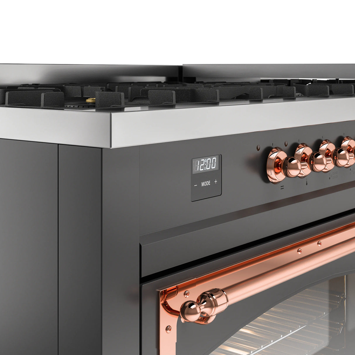 ILVE 60-Inch Nostalgie II Noblesse Propane Gas Dual Fuel Range with 9 Sealed Burners, Griddle, Triple Glass Door Oven in Matte Graphite with Copper Trim (UN60FNMPMGPLP)