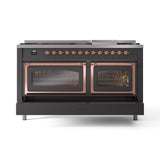 ILVE 60-Inch Nostalgie II Noblesse Propane Gas Dual Fuel Range with 9 Sealed Burners, Griddle, Triple Glass Door Oven in Matte Graphite with Copper Trim (UN60FNMPMGPLP)