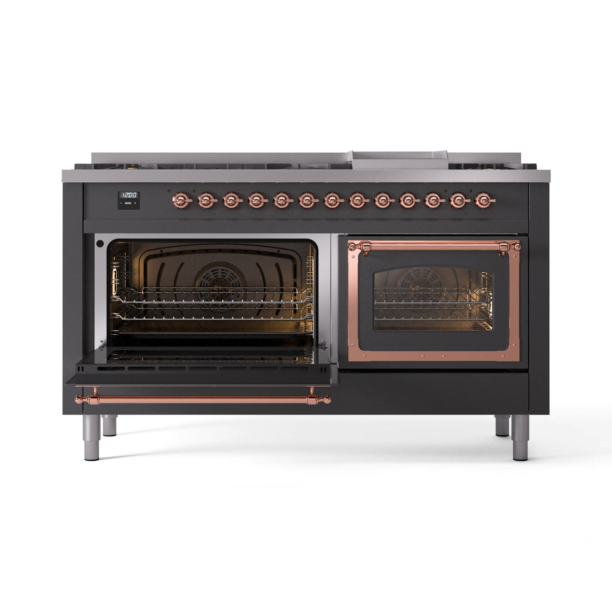 ILVE 60-Inch Nostalgie II Noblesse Propane Gas Dual Fuel Range with 9 Sealed Burners, Griddle, Triple Glass Door Oven in Matte Graphite with Copper Trim (UN60FNMPMGPLP)