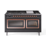 ILVE 60-Inch Nostalgie II Noblesse Propane Gas Dual Fuel Range with 9 Sealed Burners, Griddle, Triple Glass Door Oven in Matte Graphite with Copper Trim (UN60FNMPMGPLP)