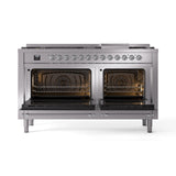 ILVE 60-Inch Nostalgie II Natural Gas Dual Fuel Range with 9 Burners, Griddle and Triple Glass Door Oven in Stainless Steel with Chrome Trim (UP60FNMPSSC)