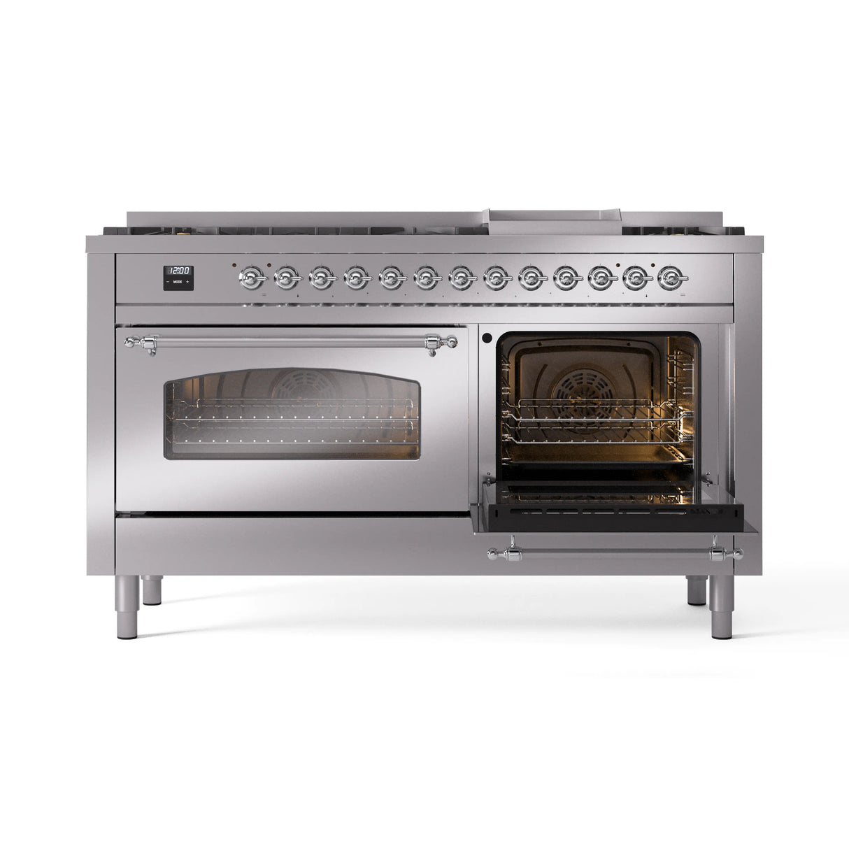 ILVE 60-Inch Nostalgie II Natural Gas Dual Fuel Range with 9 Burners, Griddle and Triple Glass Door Oven in Stainless Steel with Chrome Trim (UP60FNMPSSC)
