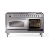 ILVE 60-Inch Nostalgie II Natural Gas Dual Fuel Range with 9 Burners, Griddle and Triple Glass Door Oven in Stainless Steel with Chrome Trim (UP60FNMPSSC)