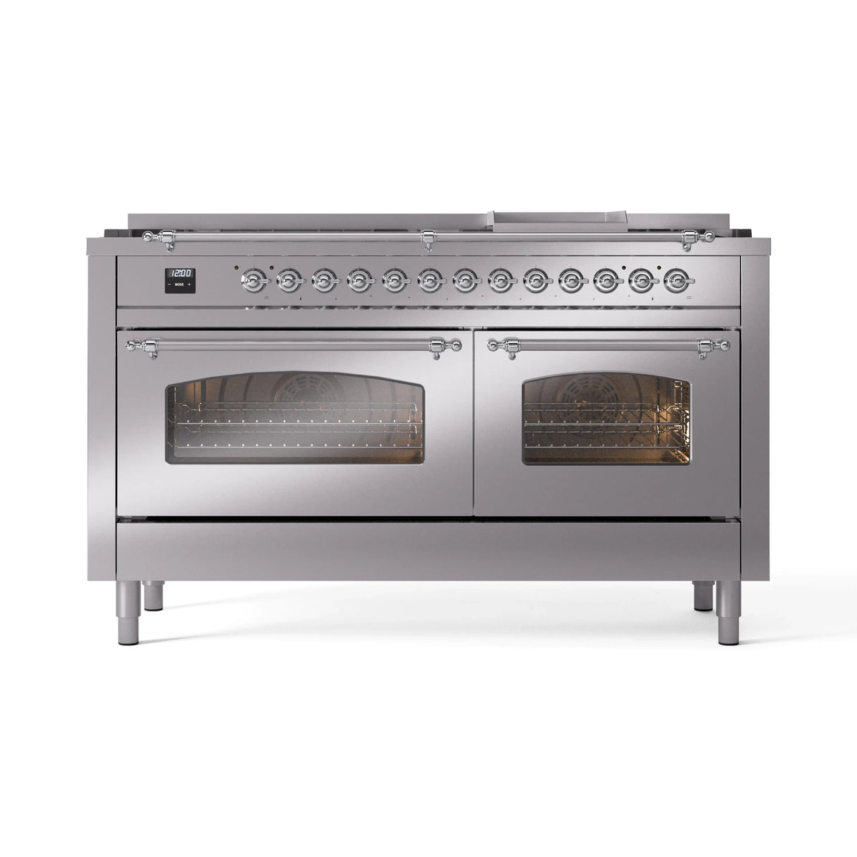 ILVE 60-Inch Nostalgie II Natural Gas Dual Fuel Range with 9 Burners, Griddle and Triple Glass Door Oven in Stainless Steel with Chrome Trim (UP60FNMPSSC)