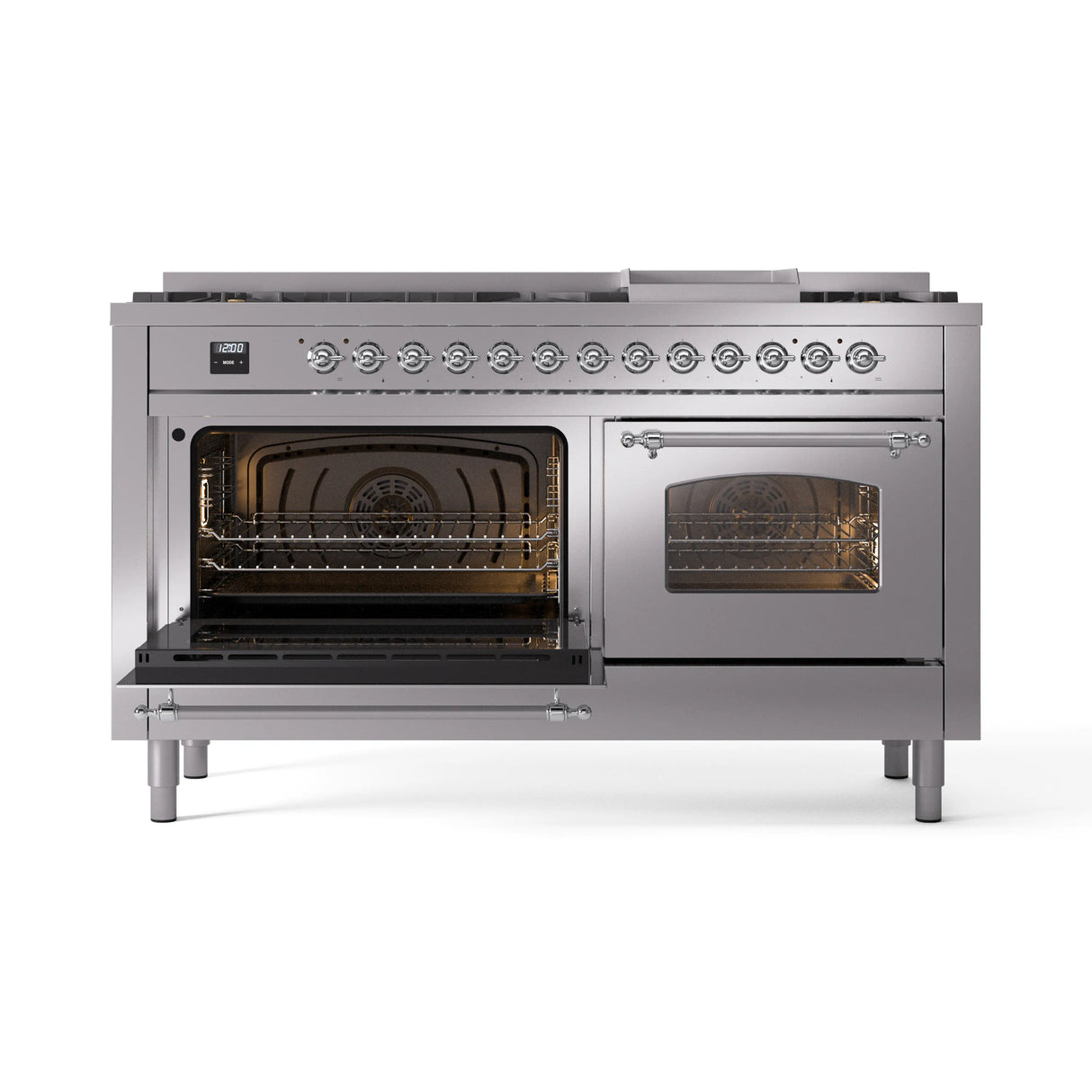 ILVE 60-Inch Nostalgie II Natural Gas Dual Fuel Range with 9 Burners, Griddle and Triple Glass Door Oven in Stainless Steel with Chrome Trim (UP60FNMPSSC)