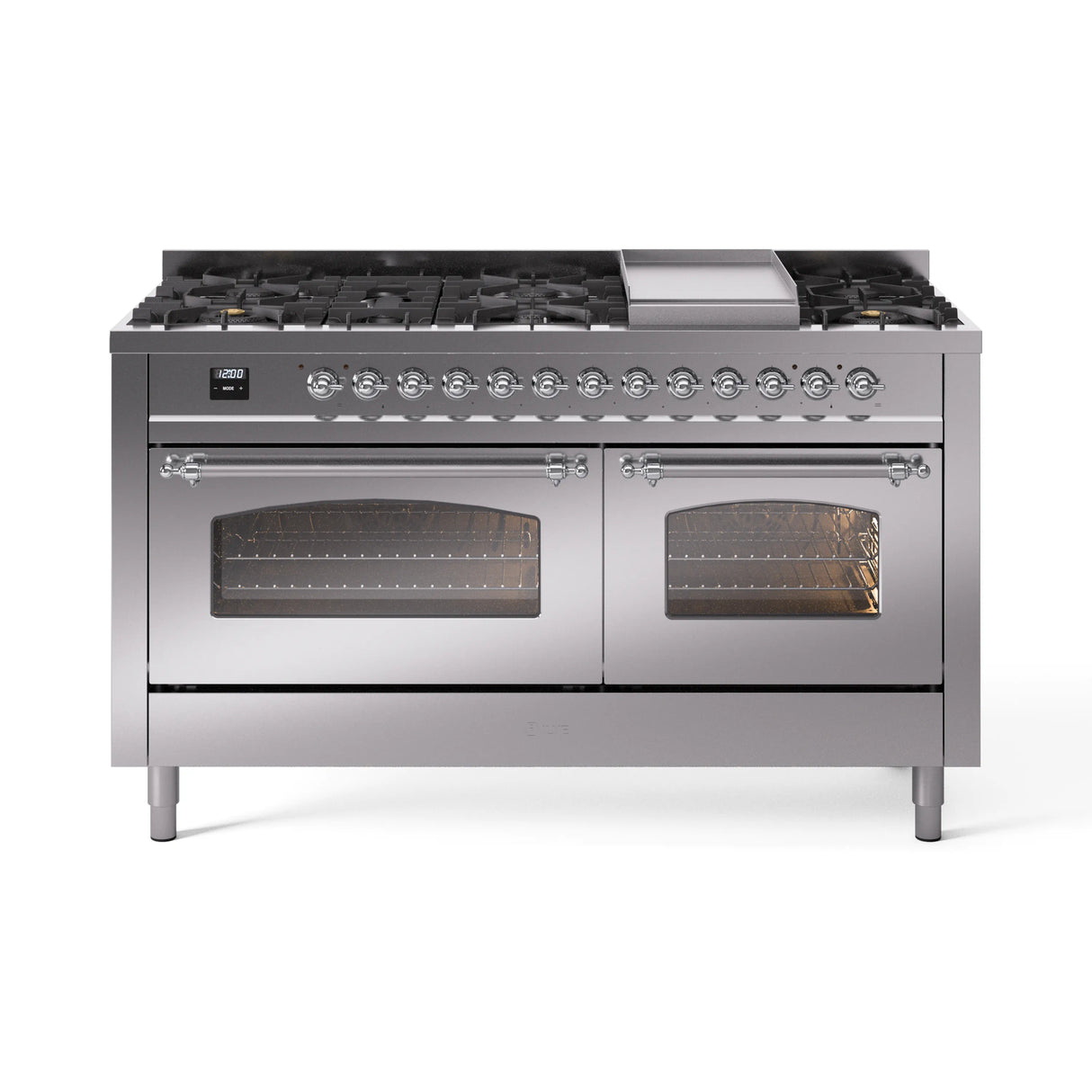ILVE 60-Inch Nostalgie II Natural Gas Dual Fuel Range with 9 Burners, Griddle and Triple Glass Door Oven in Stainless Steel with Chrome Trim (UP60FNMPSSC)