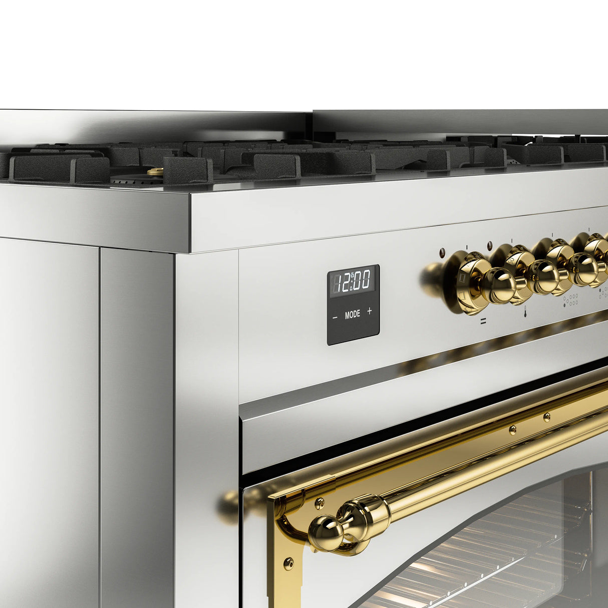 ILVE 60-Inch Nostalgie II Noblesse Propane Gas Dual Fuel Range with 9 Sealed Burners, Griddle, Triple Glass Door Oven in Stainless Steel with Brass Trim (UN60FNMPSSGLP)