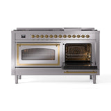 ILVE 60-Inch Nostalgie II Noblesse Propane Gas Dual Fuel Range with 9 Sealed Burners, Griddle, Triple Glass Door Oven in Stainless Steel with Brass Trim (UN60FNMPSSGLP)
