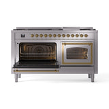 ILVE 60-Inch Nostalgie II Noblesse Propane Gas Dual Fuel Range with 9 Sealed Burners, Griddle, Triple Glass Door Oven in Stainless Steel with Brass Trim (UN60FNMPSSGLP)