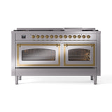 ILVE 60-Inch Nostalgie II Noblesse Propane Gas Dual Fuel Range with 9 Sealed Burners, Griddle, Triple Glass Door Oven in Stainless Steel with Brass Trim (UN60FNMPSSGLP)