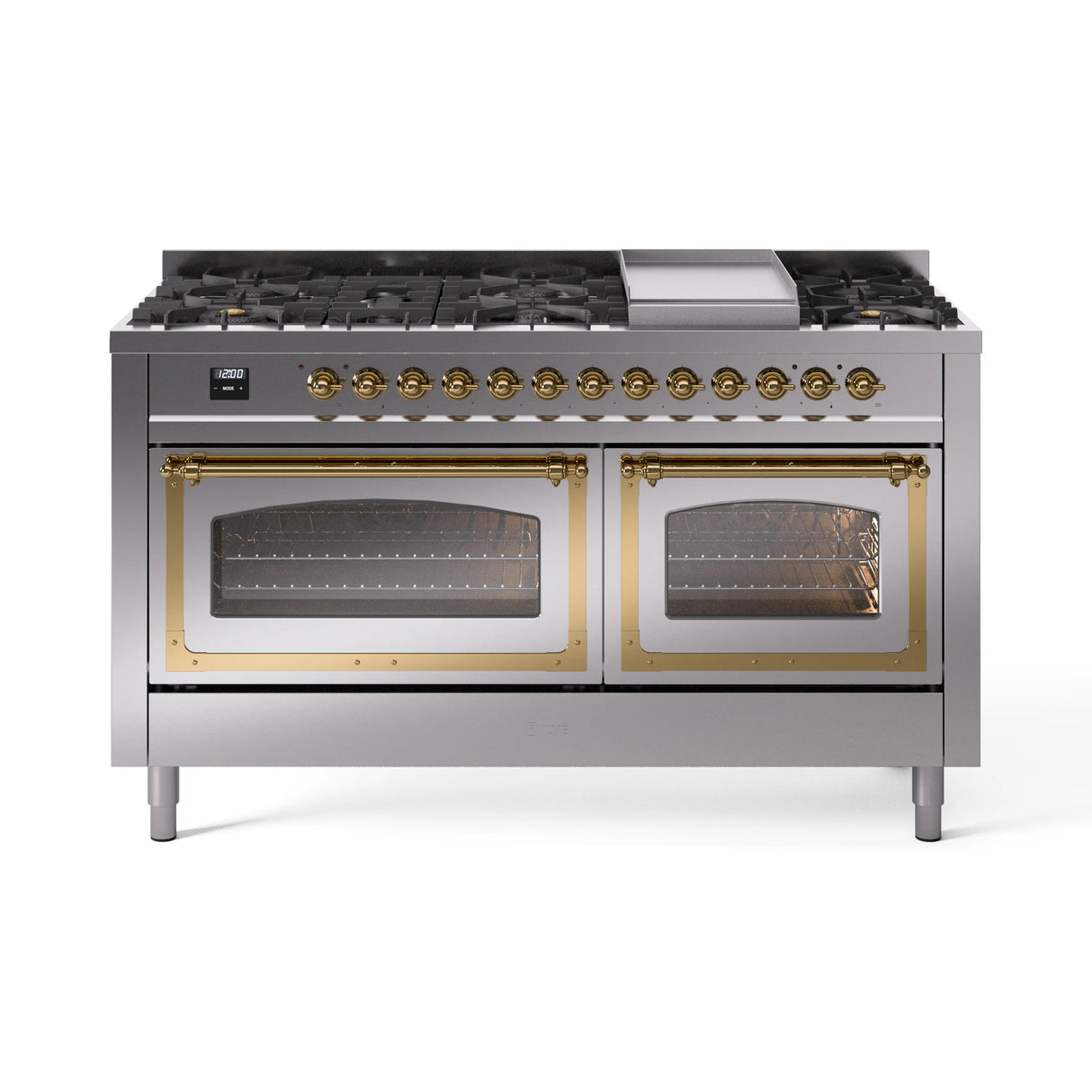 ILVE 60-Inch Nostalgie II Noblesse Propane Gas Dual Fuel Range with 9 Sealed Burners, Griddle, Triple Glass Door Oven in Stainless Steel with Brass Trim (UN60FNMPSSGLP)