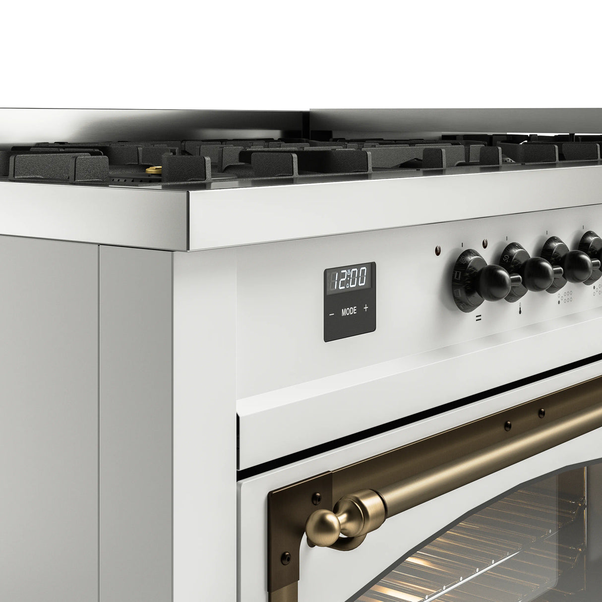 ILVE 60-Inch Nostalgie II Noblesse Propane Gas Dual Fuel Range with 9 Sealed Burners, Griddle, Triple Glass Door Oven in White with Bronze Trim (UN60FNMPWHBLP)