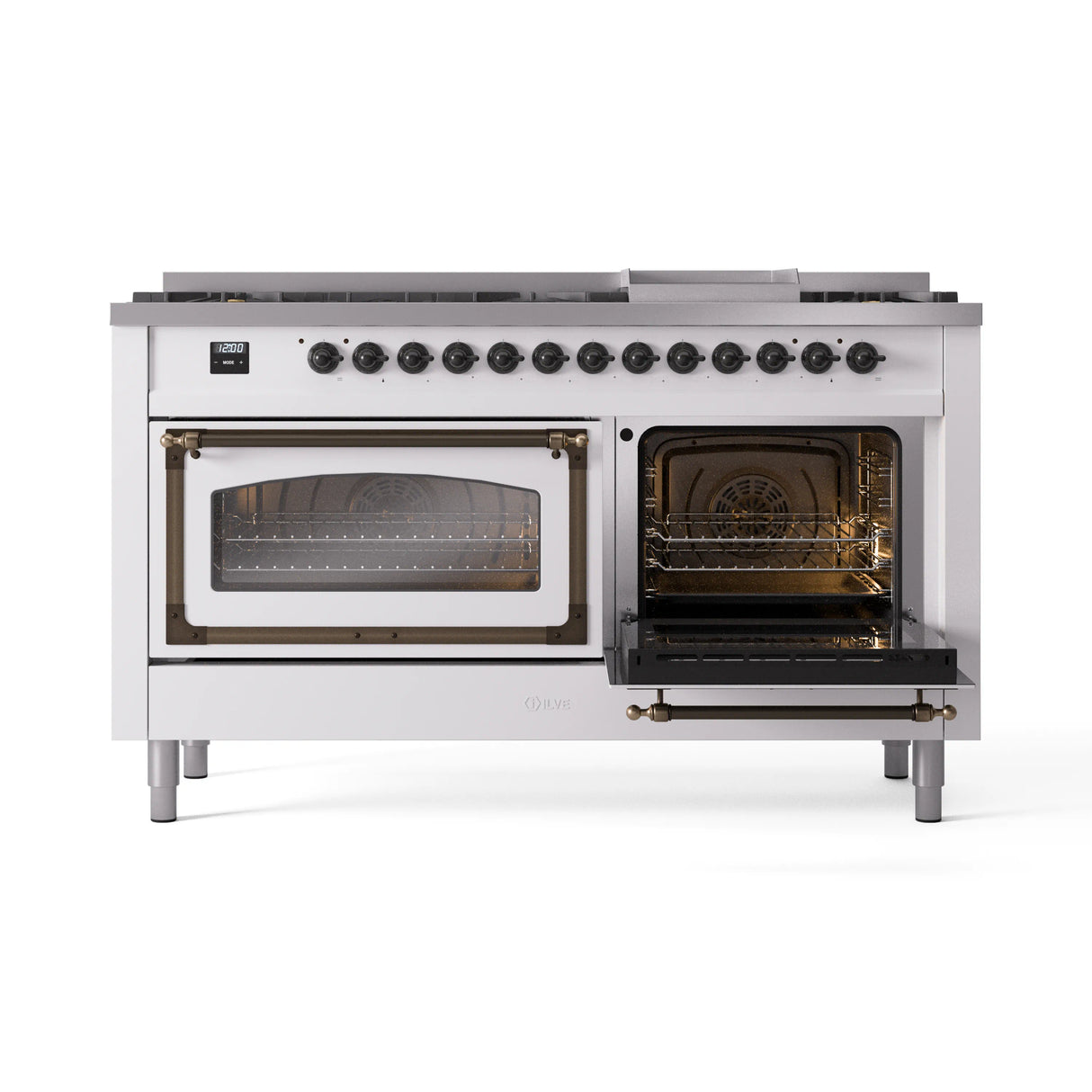 ILVE 60-Inch Nostalgie II Noblesse Propane Gas Dual Fuel Range with 9 Sealed Burners, Griddle, Triple Glass Door Oven in White with Bronze Trim (UN60FNMPWHBLP)