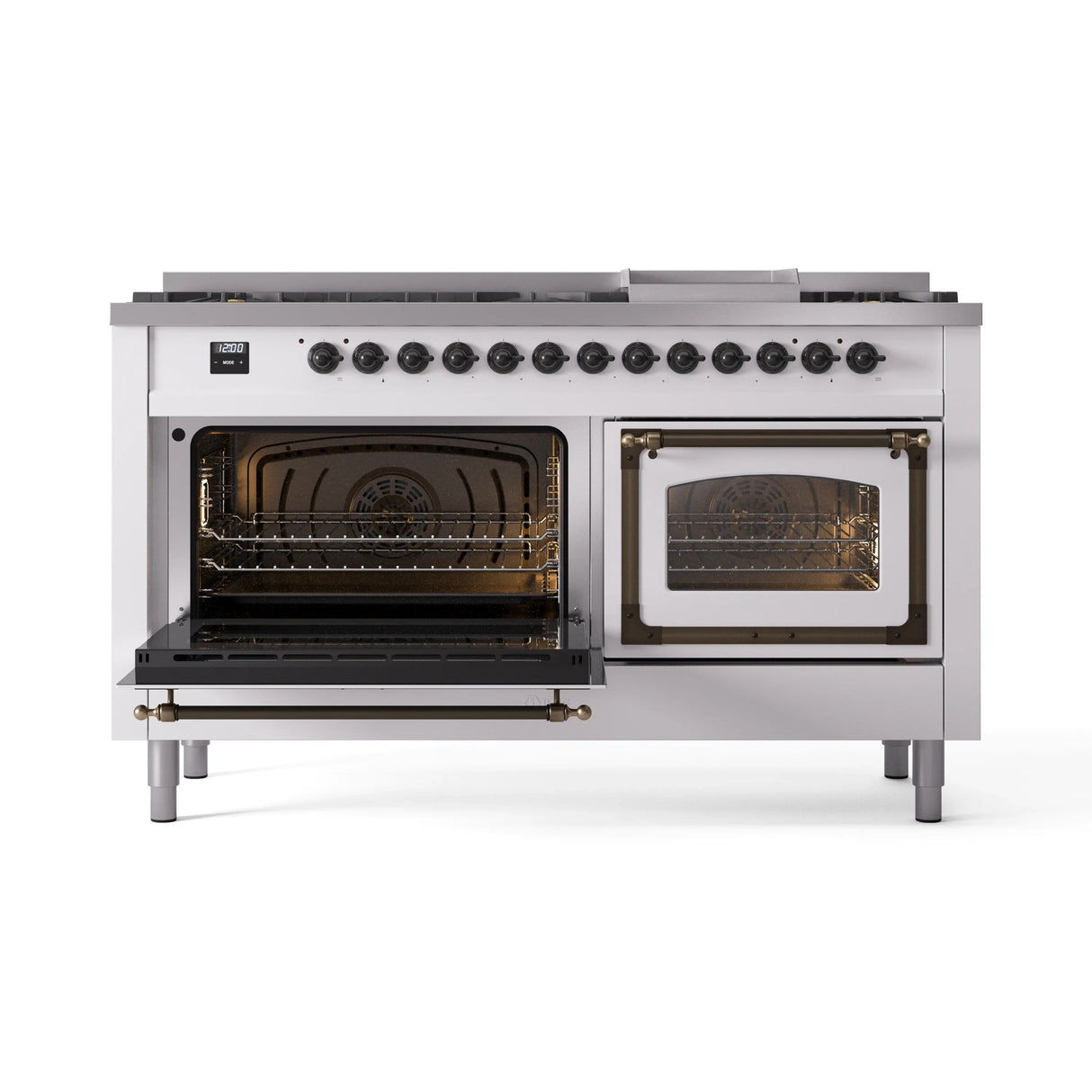 ILVE 60-Inch Nostalgie II Noblesse Propane Gas Dual Fuel Range with 9 Sealed Burners, Griddle, Triple Glass Door Oven in White with Bronze Trim (UN60FNMPWHBLP)