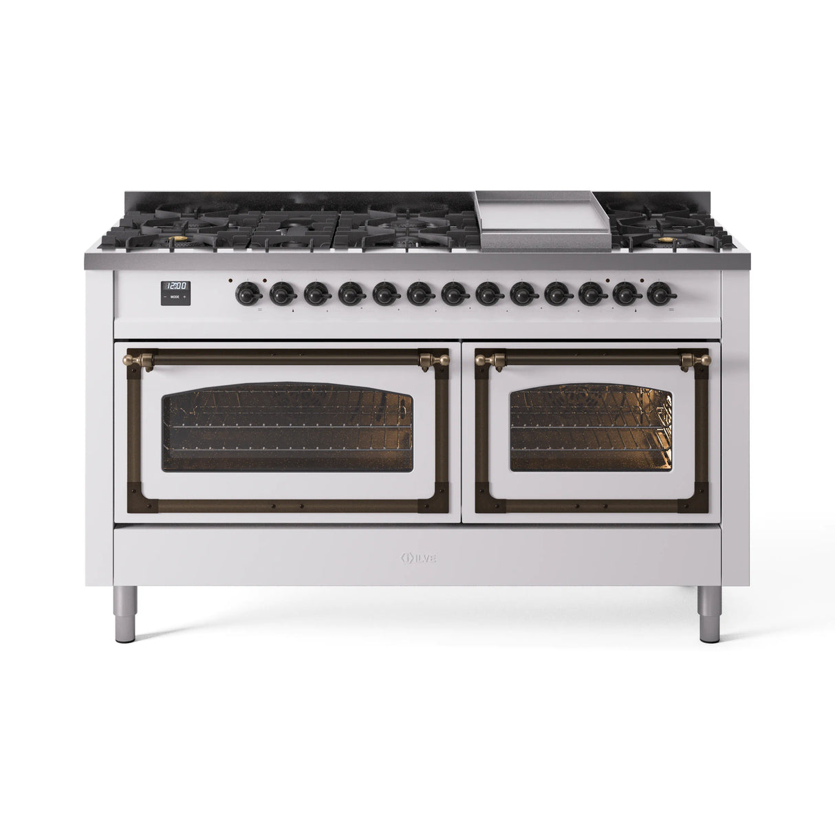 ILVE 60-Inch Nostalgie II Noblesse Propane Gas Dual Fuel Range with 9 Sealed Burners, Griddle, Triple Glass Door Oven in White with Bronze Trim (UN60FNMPWHBLP)
