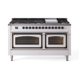 ILVE 60-Inch Nostalgie II Noblesse Propane Gas Dual Fuel Range with 9 Sealed Burners, Griddle, Triple Glass Door Oven in White with Bronze Trim (UN60FNMPWHBLP)