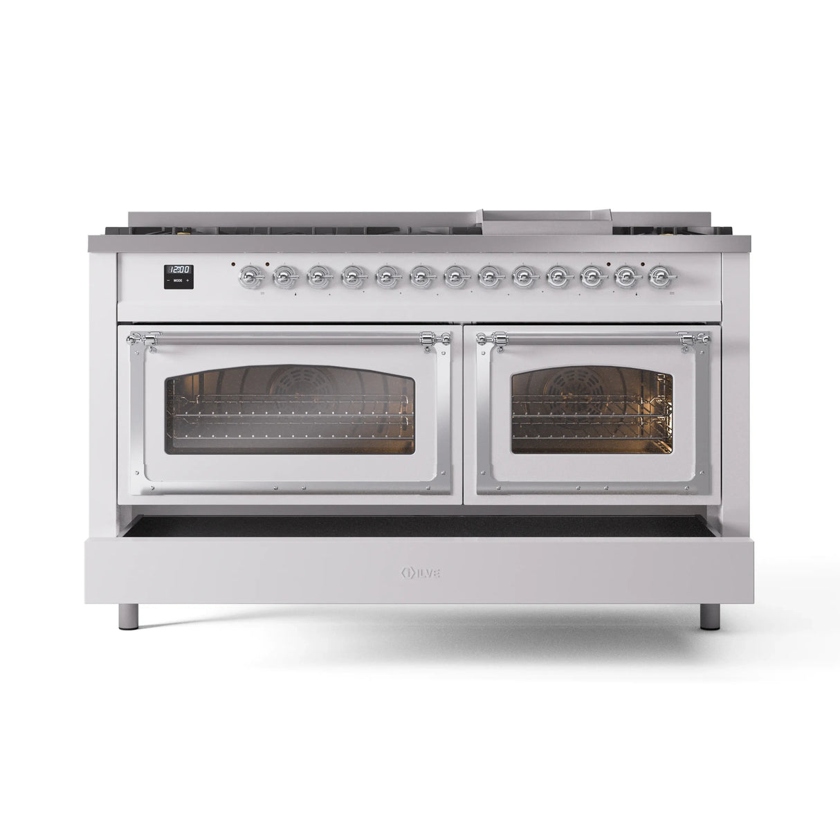 ILVE 60-Inch Nostalgie II Noblesse Propane Gas Dual Fuel Range with 9 Sealed Burners, Griddle, Triple Glass Door Oven in White with Chrome Trim (UN60FNMPWHCLP)