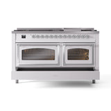 ILVE 60-Inch Nostalgie II Noblesse Propane Gas Dual Fuel Range with 9 Sealed Burners, Griddle, Triple Glass Door Oven in White with Chrome Trim (UN60FNMPWHCLP)
