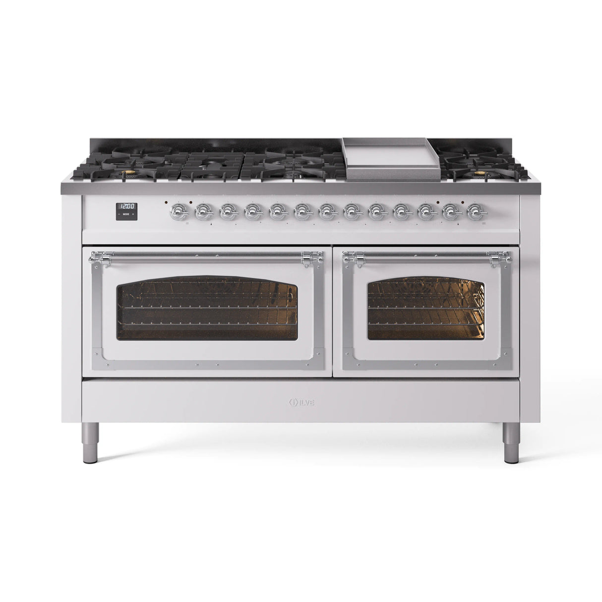 ILVE 60-Inch Nostalgie II Noblesse Propane Gas Dual Fuel Range with 9 Sealed Burners, Griddle, Triple Glass Door Oven in White with Chrome Trim (UN60FNMPWHCLP)
