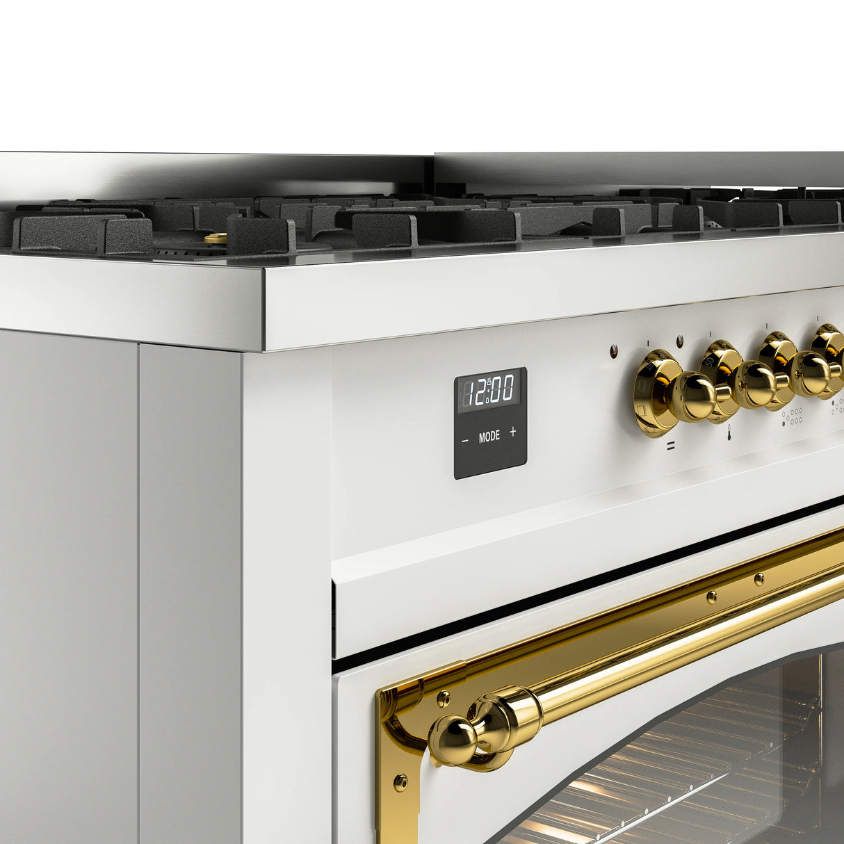 ILVE 60-Inch Nostalgie II Noblesse Propane Gas Dual Fuel Range with 9 Sealed Burners, Griddle, Triple Glass Door Oven in White with Brass Trim (UN60FNMPWHGLP)