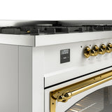 ILVE 60-Inch Nostalgie II Noblesse Propane Gas Dual Fuel Range with 9 Sealed Burners, Griddle, Triple Glass Door Oven in White with Brass Trim (UN60FNMPWHGLP)