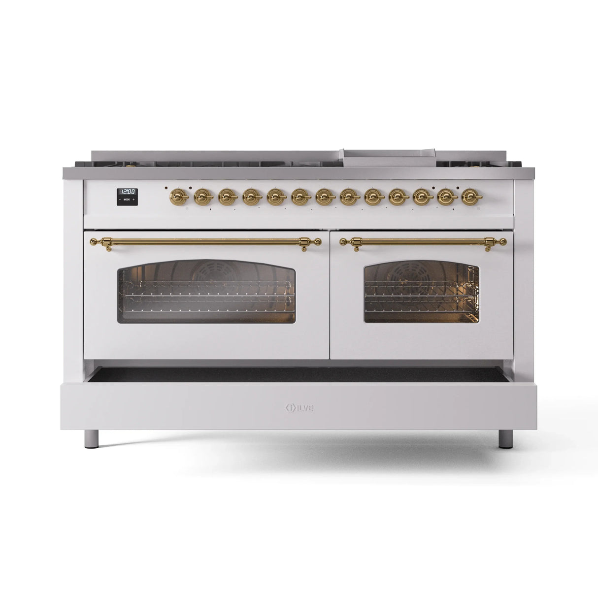 ILVE 60-Inch Nostalgie II Propane Gas Dual Fuel Range with 9 Burners, Griddle and Triple Glass Door Oven in White with Brass Trim (UP60FNMPWHGLP)