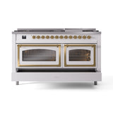 ILVE 60-Inch Nostalgie II Noblesse Propane Gas Dual Fuel Range with 9 Sealed Burners, Griddle, Triple Glass Door Oven in White with Brass Trim (UN60FNMPWHGLP)