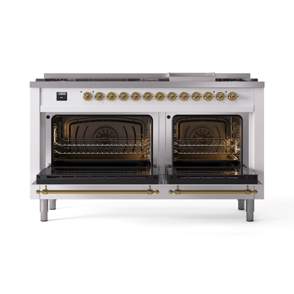 ILVE 60-Inch Nostalgie II Propane Gas Dual Fuel Range with 9 Burners, Griddle and Triple Glass Door Oven in White with Brass Trim (UP60FNMPWHGLP)