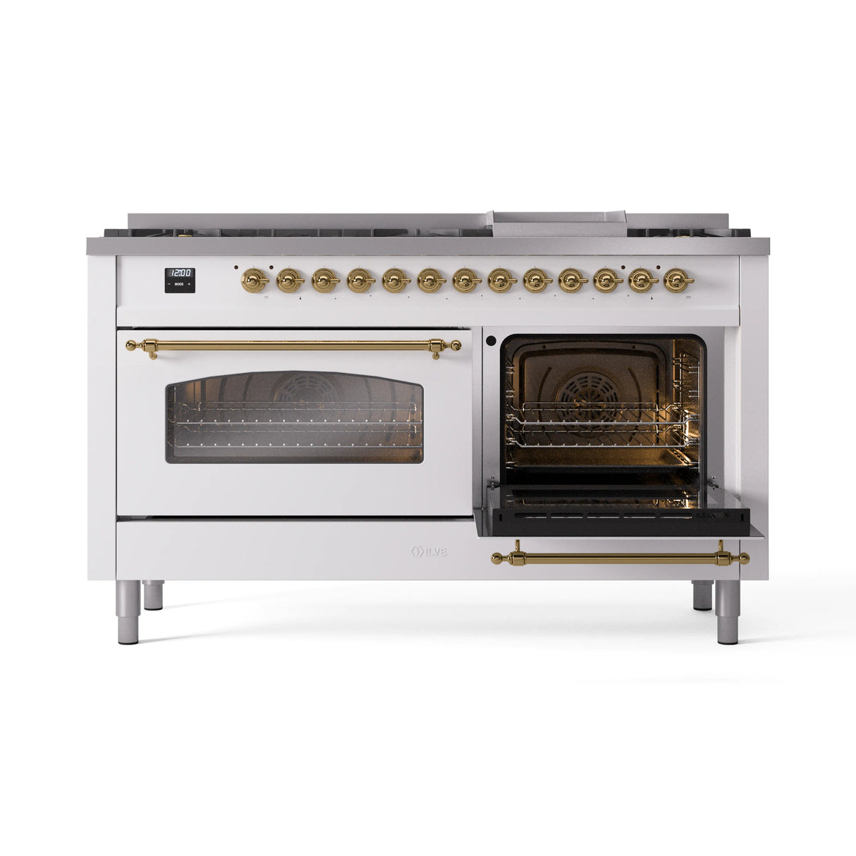 ILVE 60-Inch Nostalgie II Propane Gas Dual Fuel Range with 9 Burners, Griddle and Triple Glass Door Oven in White with Brass Trim (UP60FNMPWHGLP)