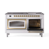 ILVE 60-Inch Nostalgie II Noblesse Propane Gas Dual Fuel Range with 9 Sealed Burners, Griddle, Triple Glass Door Oven in White with Brass Trim (UN60FNMPWHGLP)