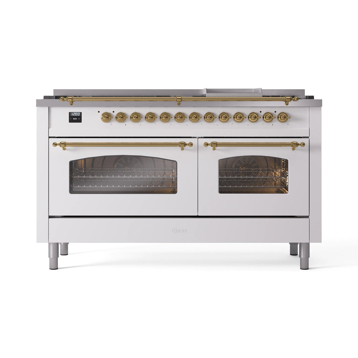 ILVE 60-Inch Nostalgie II Propane Gas Dual Fuel Range with 9 Burners, Griddle and Triple Glass Door Oven in White with Brass Trim (UP60FNMPWHGLP)