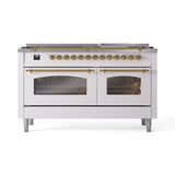 ILVE 60-Inch Nostalgie II Propane Gas Dual Fuel Range with 9 Burners, Griddle and Triple Glass Door Oven in White with Brass Trim (UP60FNMPWHGLP)