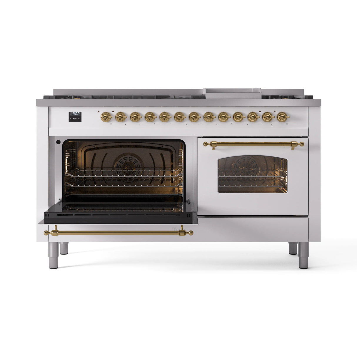ILVE 60-Inch Nostalgie II Propane Gas Dual Fuel Range with 9 Burners, Griddle and Triple Glass Door Oven in White with Brass Trim (UP60FNMPWHGLP)