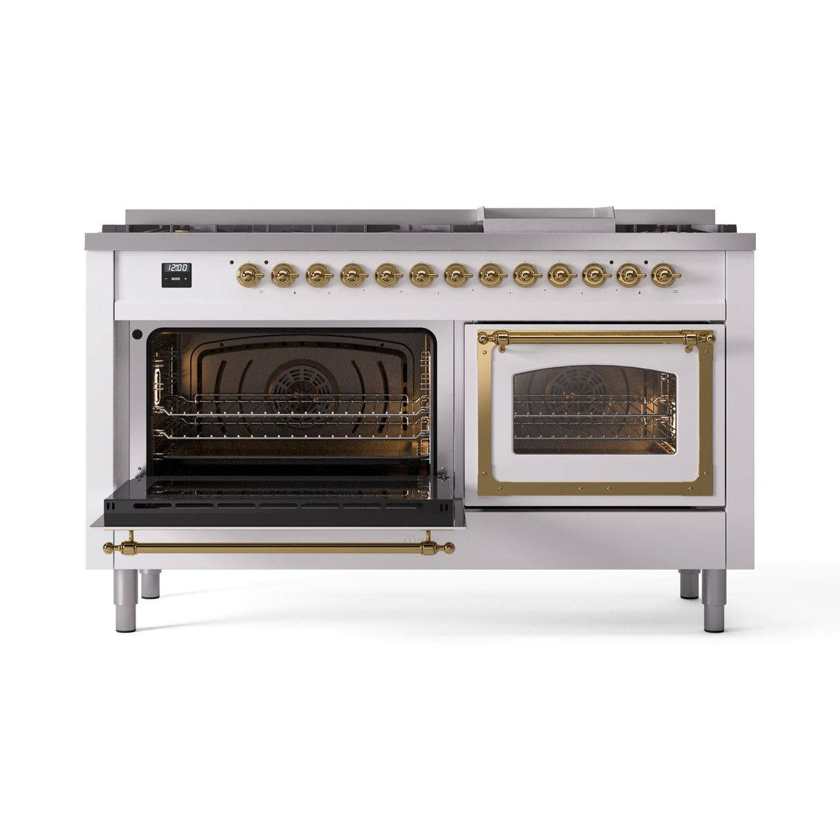 ILVE 60-Inch Nostalgie II Noblesse Propane Gas Dual Fuel Range with 9 Sealed Burners, Griddle, Triple Glass Door Oven in White with Brass Trim (UN60FNMPWHGLP)