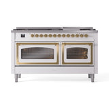 ILVE 60-Inch Nostalgie II Noblesse Propane Gas Dual Fuel Range with 9 Sealed Burners, Griddle, Triple Glass Door Oven in White with Brass Trim (UN60FNMPWHGLP)