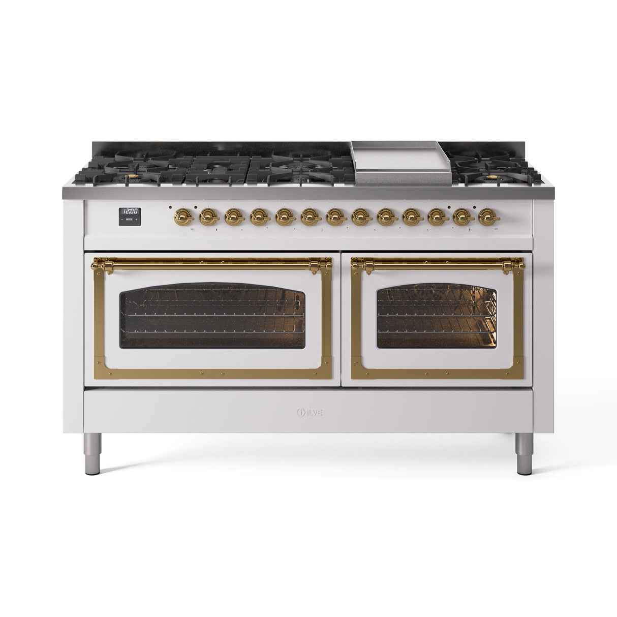 ILVE 60-Inch Nostalgie II Noblesse Propane Gas Dual Fuel Range with 9 Sealed Burners, Griddle, Triple Glass Door Oven in White with Brass Trim (UN60FNMPWHGLP)