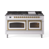 ILVE 60-Inch Nostalgie II Noblesse Propane Gas Dual Fuel Range with 9 Sealed Burners, Griddle, Triple Glass Door Oven in White with Brass Trim (UN60FNMPWHGLP)
