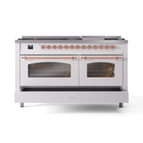 ILVE 60-Inch Nostalgie II Natural Gas Dual Fuel Range with 9 Burners, Griddle and Triple Glass Door Oven in White with Copper Trim (UP60FNMPWHP)