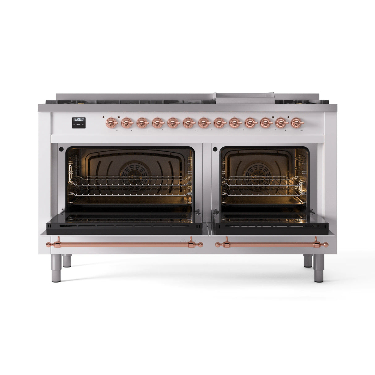 ILVE 60-Inch Nostalgie II Natural Gas Dual Fuel Range with 9 Burners, Griddle and Triple Glass Door Oven in White with Copper Trim (UP60FNMPWHP)