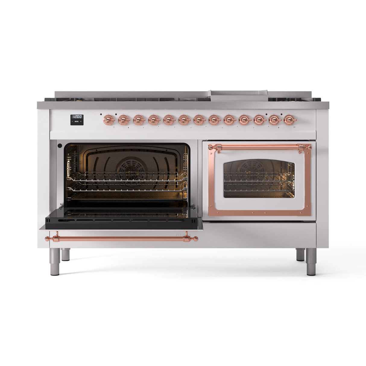 ILVE 60-Inch Nostalgie II Noblesse Propane Gas Dual Fuel Range with 9 Sealed Burners, Griddle, Triple Glass Door Oven in White with Copper Trim (UN60FNMPWHPLP)