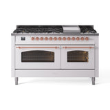 ILVE 60-Inch Nostalgie II Natural Gas Dual Fuel Range with 9 Burners, Griddle and Triple Glass Door Oven in White with Copper Trim (UP60FNMPWHP)
