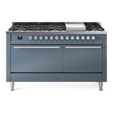 ILVE 60-inch Professional Plus II Natural Gas Dual Fuel Range with 9 Burners, Griddle, and Solid Door Oven in Blue Grey (UP60FQMPBG)