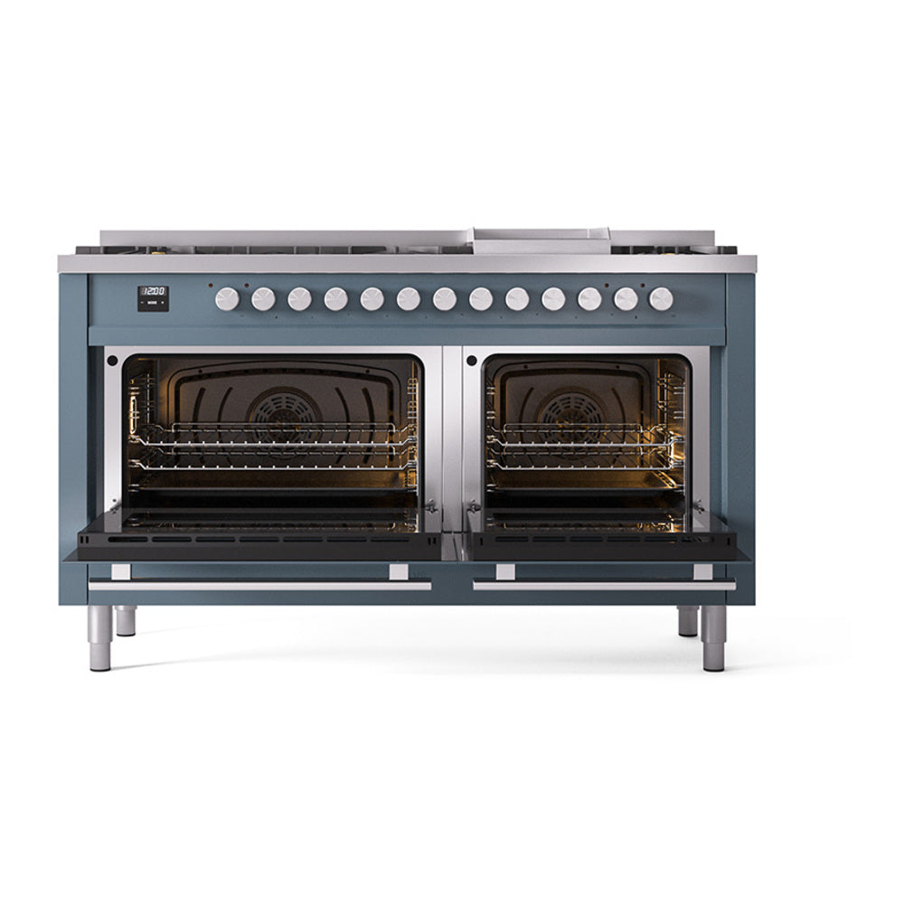 ILVE 60-inch Professional Plus II Natural Gas Dual Fuel Range with 9 Burners, Griddle, and Solid Door Oven in Blue Grey (UP60FQMPBG)