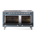 ILVE 60-inch Professional Plus II Natural Gas Dual Fuel Range with 9 Burners, Griddle, and Solid Door Oven in Blue Grey (UP60FQMPBG)