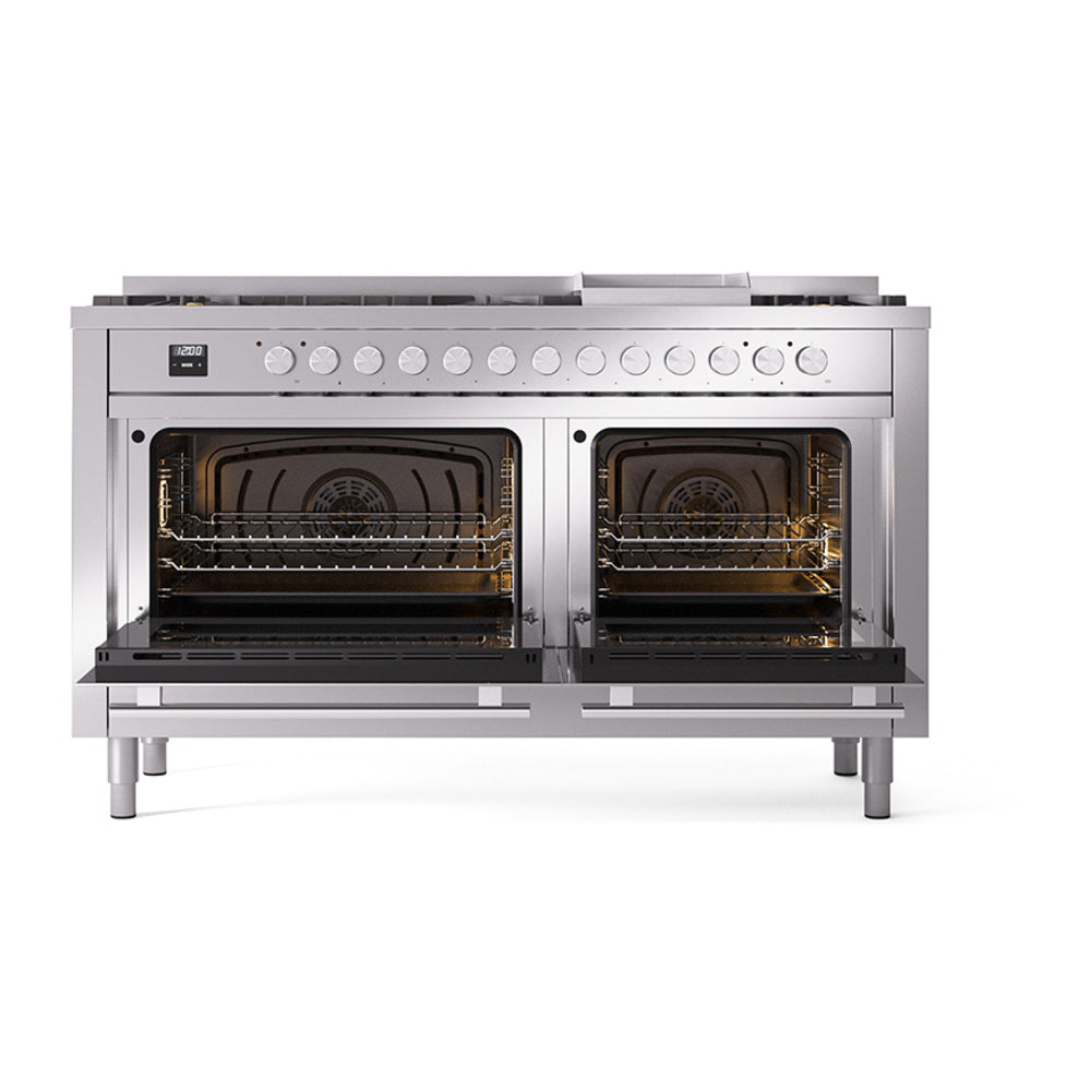 ILVE 60-inch Professional Plus II Propane Gas Dual Fuel Range with 9 Burners, Griddle, and Solid Door Oven in Stainless Steel (UP60FQMPSSLP)